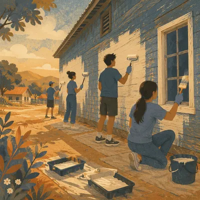 Teen Volunteers Repainting Rural Community Building