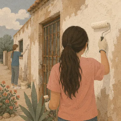 Teen Volunteers Painting Neighborhood Building