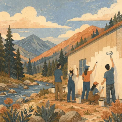 Teen Mission Team Painting Rural Building