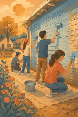 Teen Volunteers Painting Community Building Wall