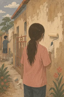 Teen Mission Volunteers Painting Neighborhood Building
