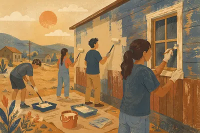 Teen Volunteers Repainting Rural Community Building