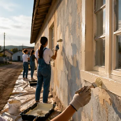 Teen Volunteers Repainting Rural Community Building