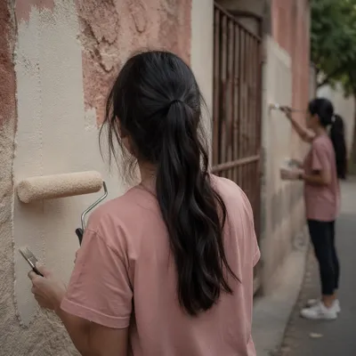 Teen Volunteers Painting Neighborhood Building