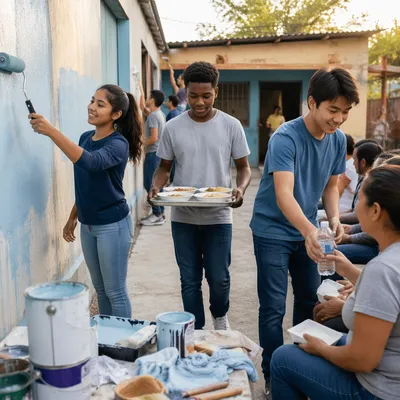 Teen Volunteers Repainting Community Center Courtyard