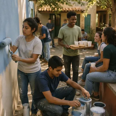 Teen Volunteers Repainting Community Center Courtyard