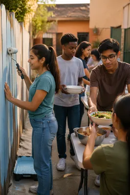 Teen Volunteers Painting Fence and Serving Meals
