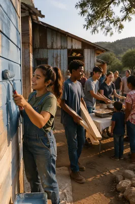 Teen Volunteers Working in Community Courtyard
