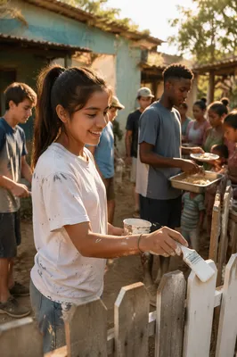 Teen Volunteers Painting Fence and Serving Meals