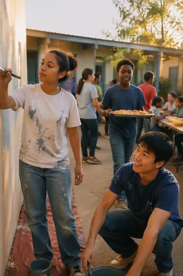 Teen Volunteers Painting and Serving Together