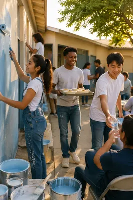 Teen Volunteers Repainting Community Center Courtyard