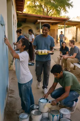 Teen Volunteers Repainting Neighborhood Center Courtyard