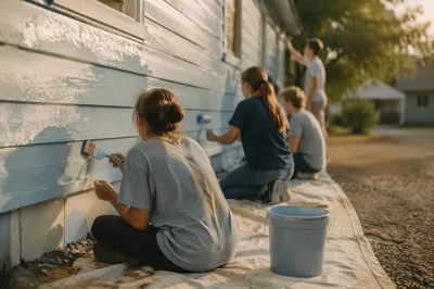 Teen Volunteers Painting Community Building Exterior