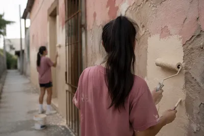 Teen Mission Volunteers Painting Neighborhood Building