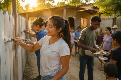 Teen Volunteers Painting Fence and Serving Meals