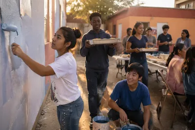 Teen Volunteers Painting and Serving Outdoors