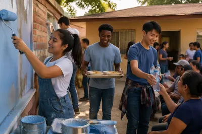 Teen Volunteers Repainting Community Center Courtyard