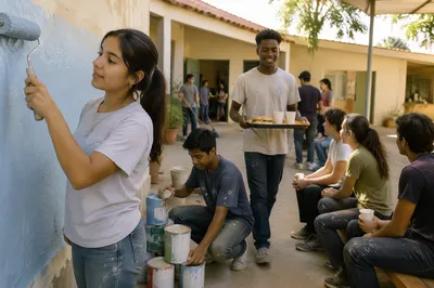 Teen Volunteers Painting Courtyard Wall Together