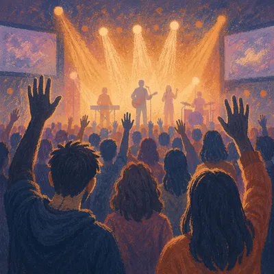 Raised Hands Toward Glowing Concert Stage