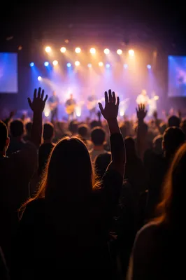 Silhouetted Crowd with Raised Hands at Concert