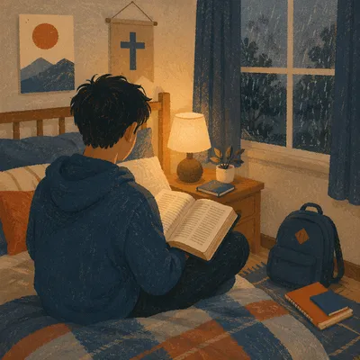 Teenager Reading Bible in Quiet Bedroom
