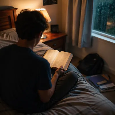 Teenager Reading Bible in Quiet Bedroom