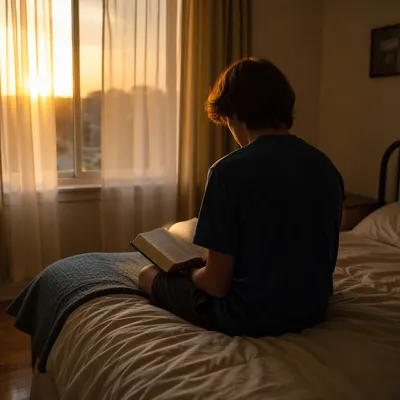 Teenager Reading Bible in Quiet Bedroom