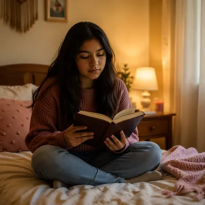 Teen Girl Reading Bible in Quiet Bedroom