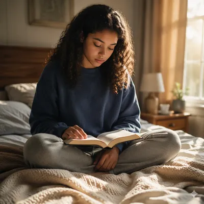 Teen Girl Reading Bible in Quiet Bedroom