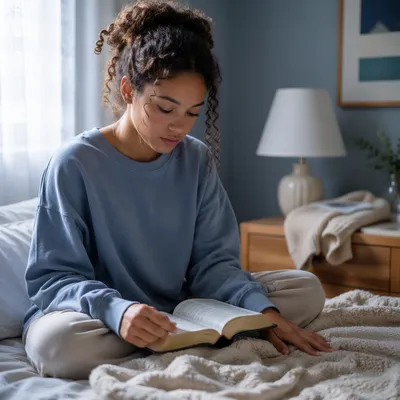 Teenage Girl Reading Bible in Bedroom