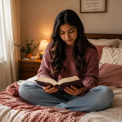 Teen Girl Reading Book on Bed