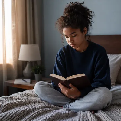 Teenage Girl Reading Bible in Bedroom