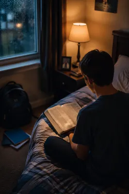 Teenager Reading Bible in Quiet Bedroom