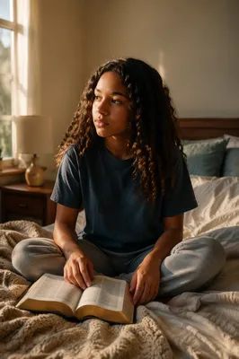 Teenage Girl Reading Bible in Bedroom