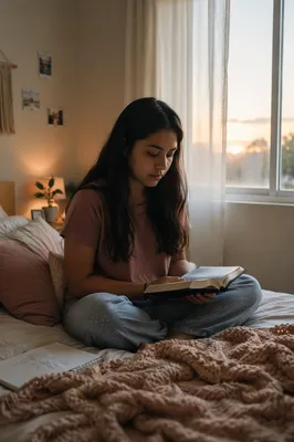 Teenage Girl Reading Bible in Bedroom
