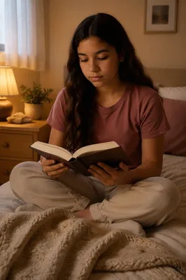 Teenage Girl Reading Book on Bed