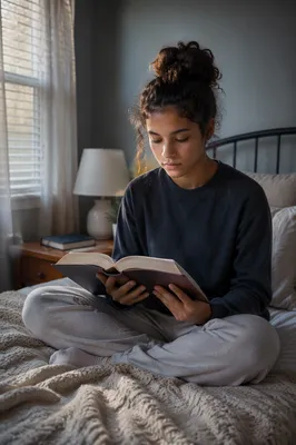 Teenage Girl Reading Bible in Bedroom