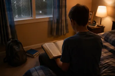 Teenager Reading Bible in Quiet Bedroom