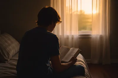 Teenager Reading Bible in Quiet Bedroom