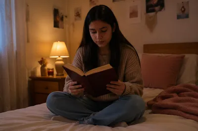 Teenage Girl Reading Alone in Bedroom