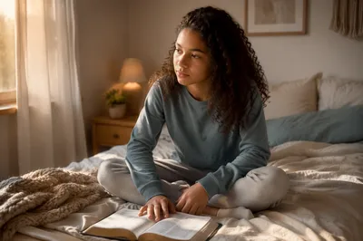 Teenage Girl Reading Bible on Bed