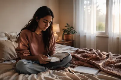 Teenage Girl Reading Bible in Bedroom
