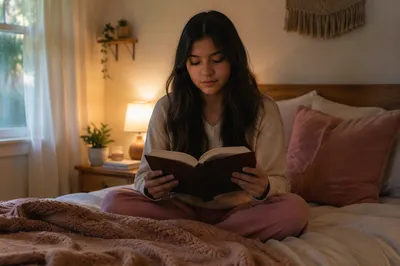 Teen Girl Reading Book in Bedroom