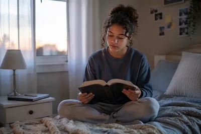 Teenage Girl Reading Bible in Bedroom