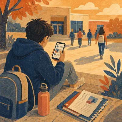 Teen Student on School Steps with Phone