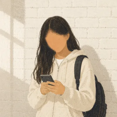 Teen Student Checking Phone by White Brick Wall