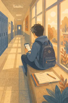 Teen Student on Hallway Windowsill with Phone