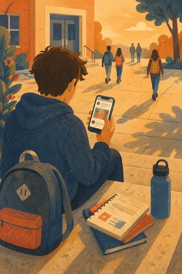 Teen Student on School Steps with Phone