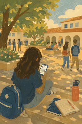 Teen Student Using Phone at School