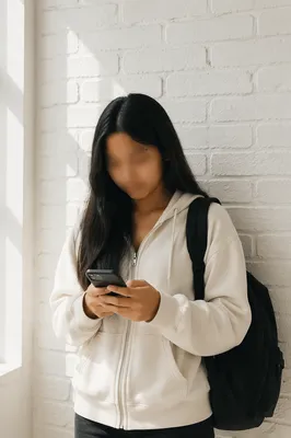 Teen Student Checking Phone by White Brick